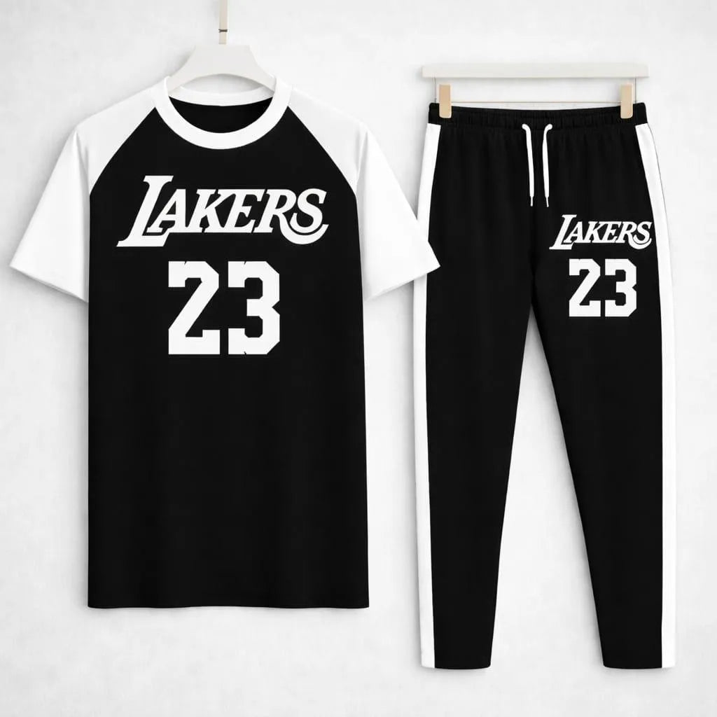Men's Lakers Printed Cotton Track Suit Grey & Black