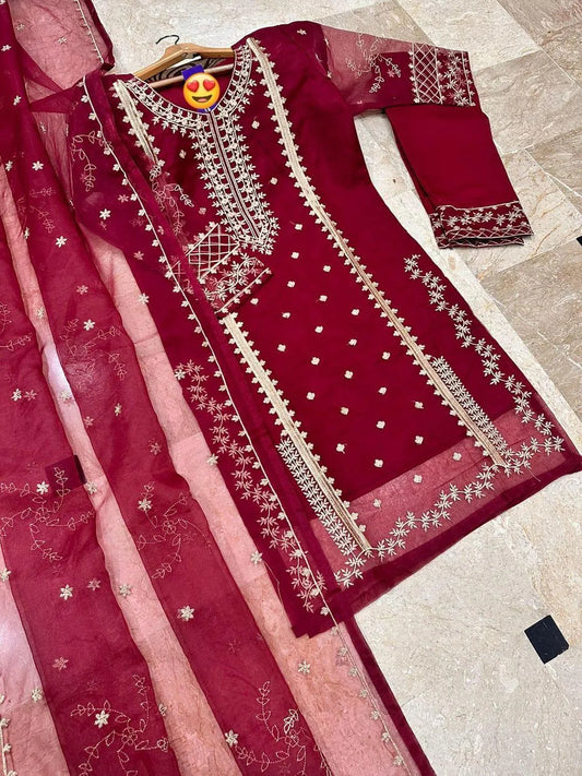 Maroon Embroidered 3-Piece Suit for Women