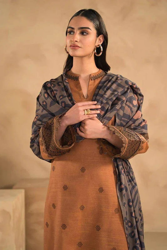 3 Pcs Unstitched Embroidered Suit – Rust Orange