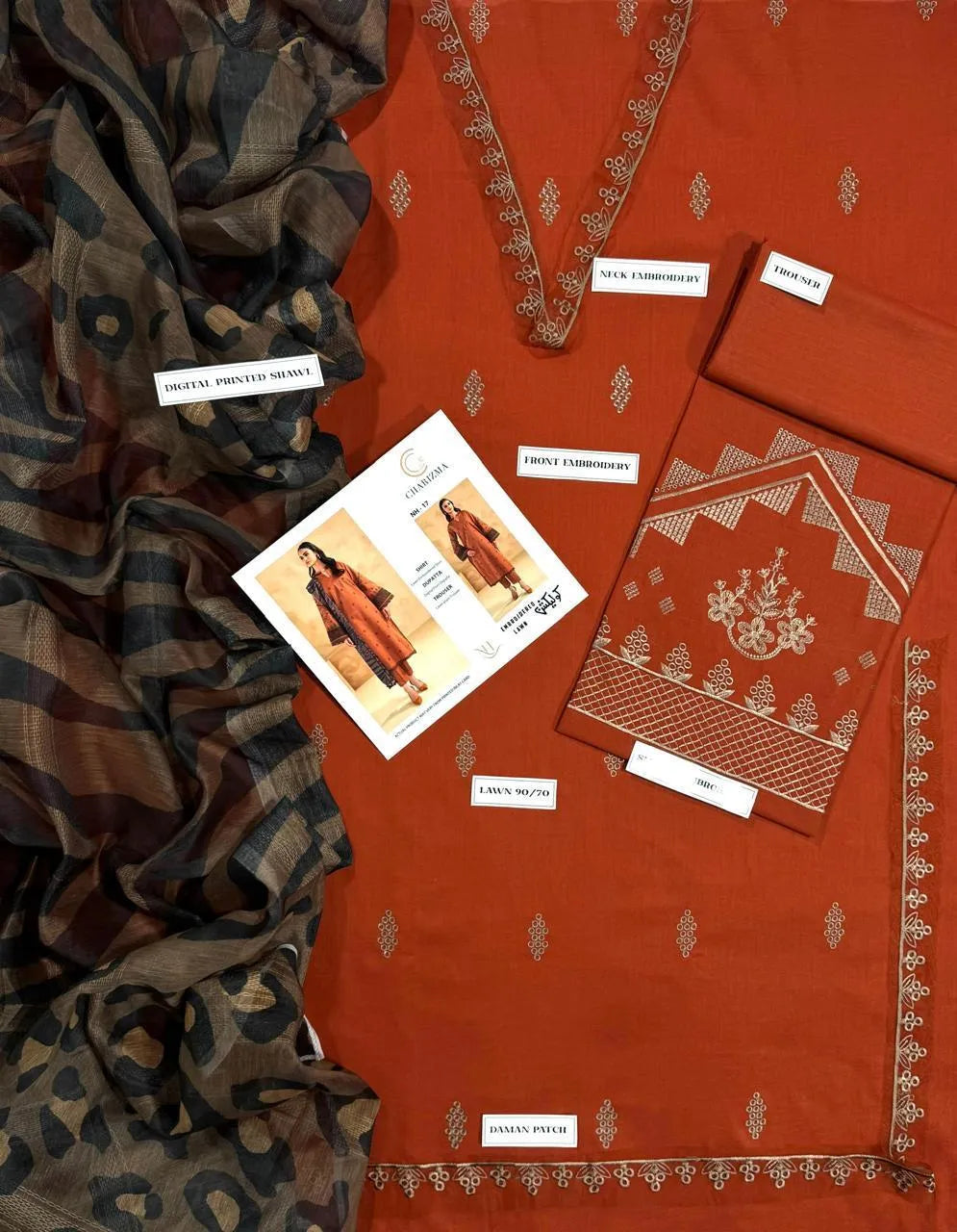 3 Pcs Unstitched Embroidered Suit – Rust Orange