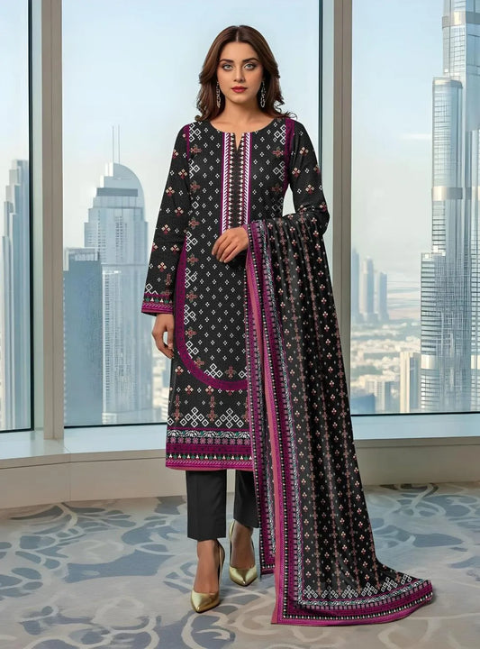 Black Printed 3-Piece Lawn Suit