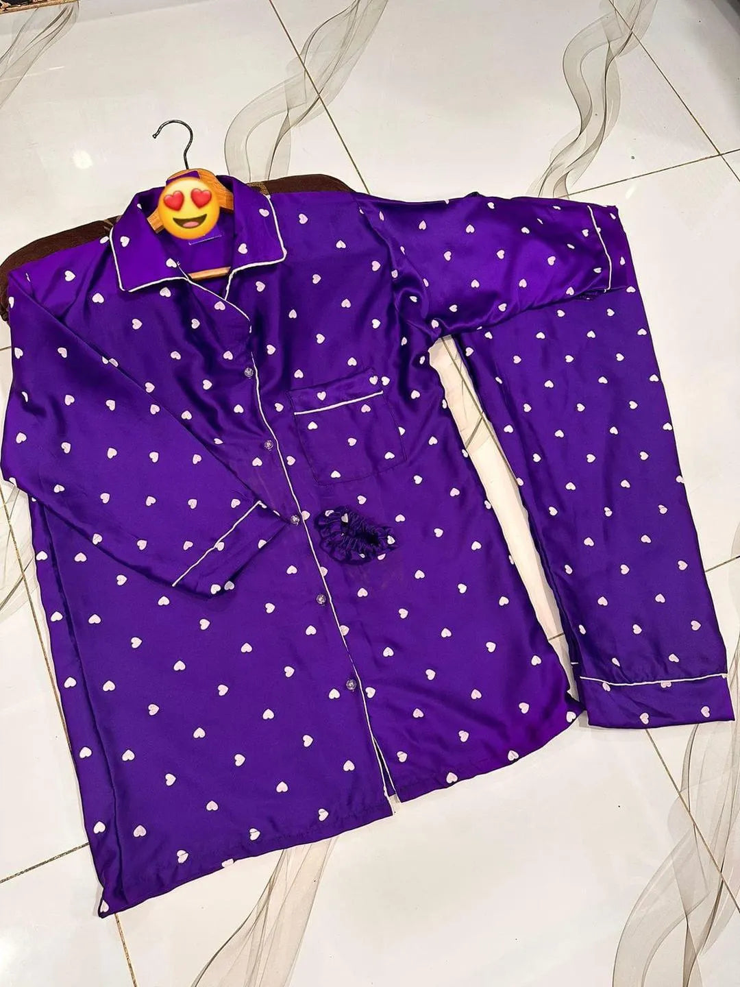 Purple Heart Print Silk Night Suit Set