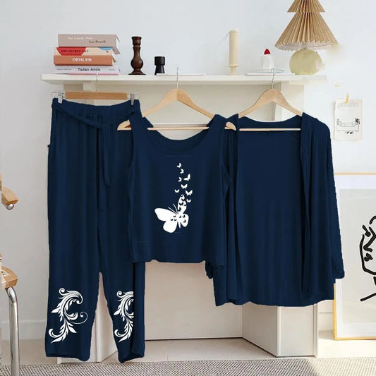 3-Piece Night Suit Blue Butterfly Floral Jersey