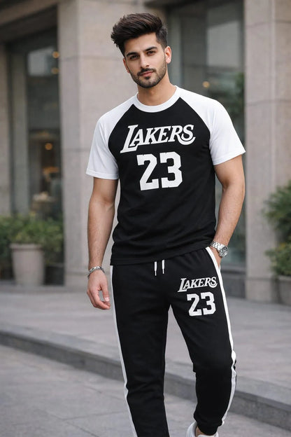 Men's Lakers Printed Cotton Track Suit Grey & Black