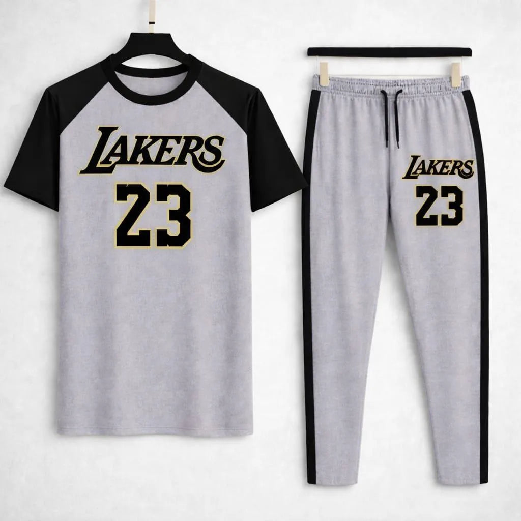 Men's Lakers Printed Cotton Track Suit Grey & Black
