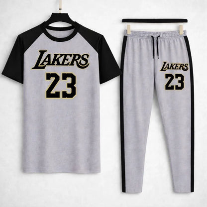 Men's Lakers Printed Cotton Track Suit Grey & Black