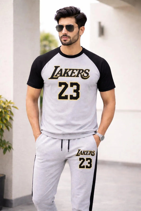 Men's Lakers Printed Cotton Track Suit Grey & Black