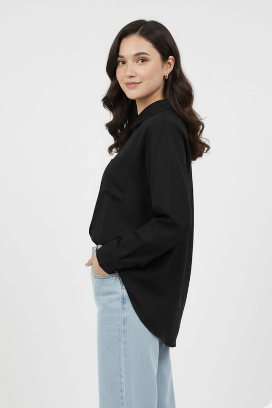 Black Silk Asymmetrical Shirt for Women
