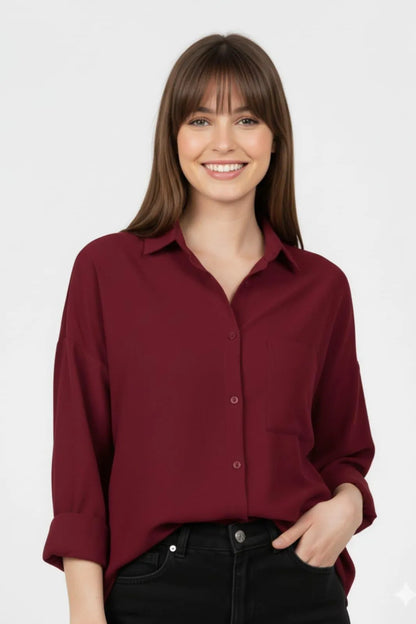 Maroon Silk Button Down Shirt for Women