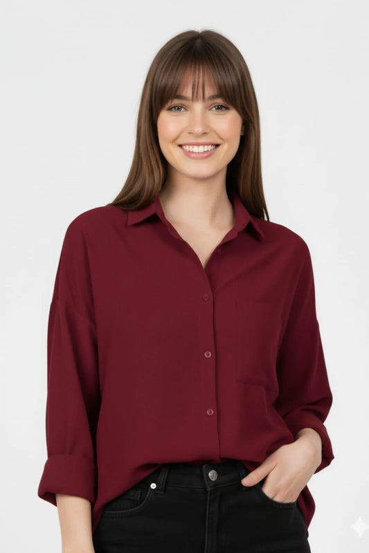 Maroon Silk Button Down Shirt for Women