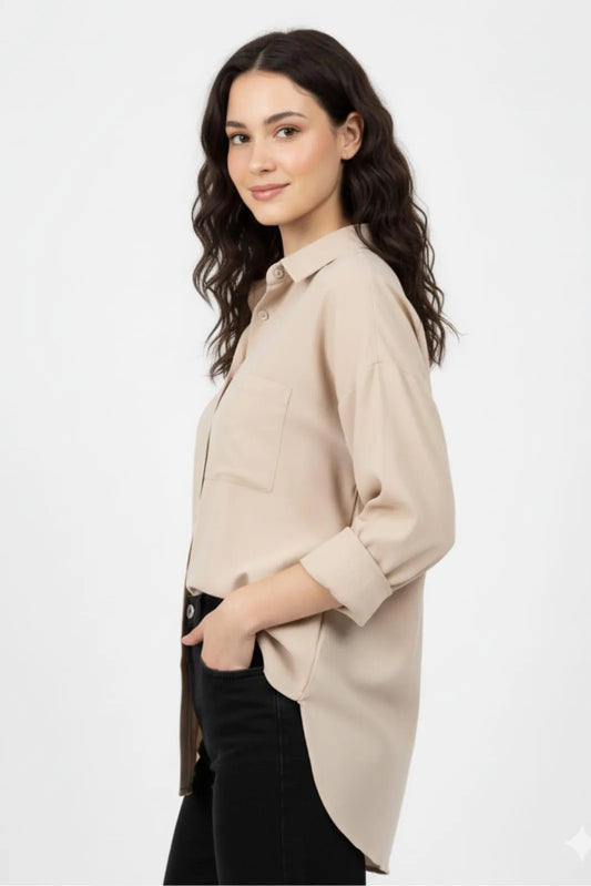 Beige Silk Button Down Shirt for Women