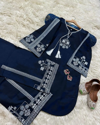 Men Aari Embroidered Blue Flapper Shirt Set 2Pcs