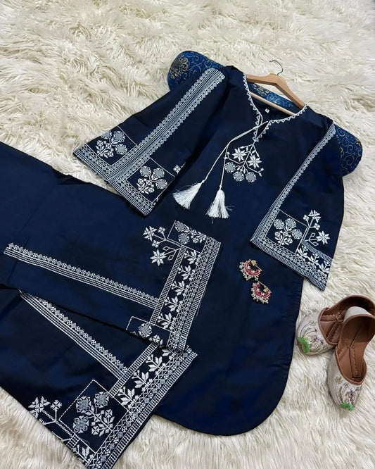Men Aari Embroidered Blue Flapper Shirt Set 2Pcs