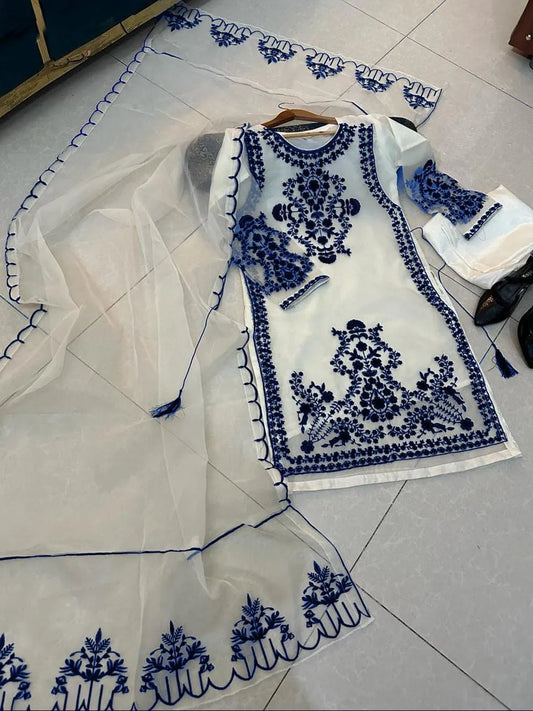 Women's Blue Embroidered 3-Piece Suit Organza Malai