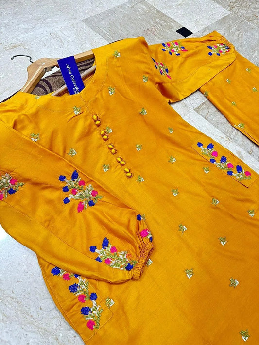 Yellow Embroidered 2-Piece Cotton Set for Women