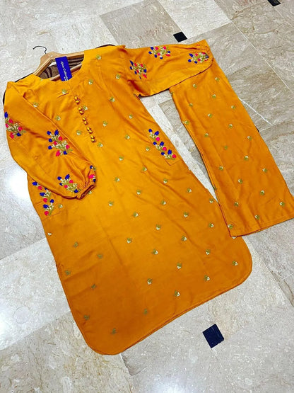 Yellow Embroidered 2-Piece Cotton Set for Women