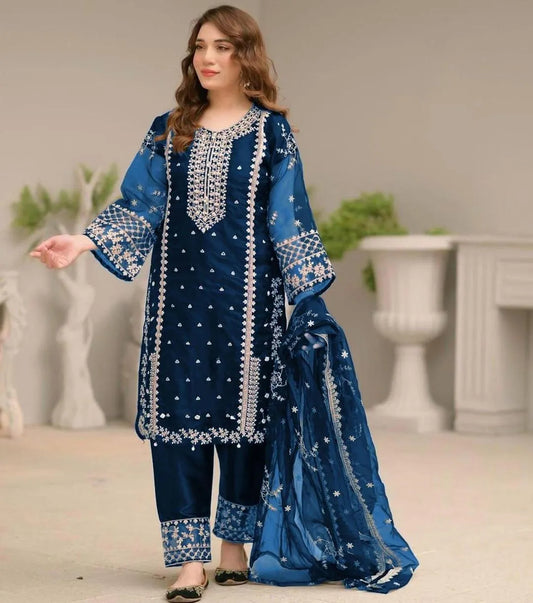 Blue Embroidered 3-Piece Suit for Women
