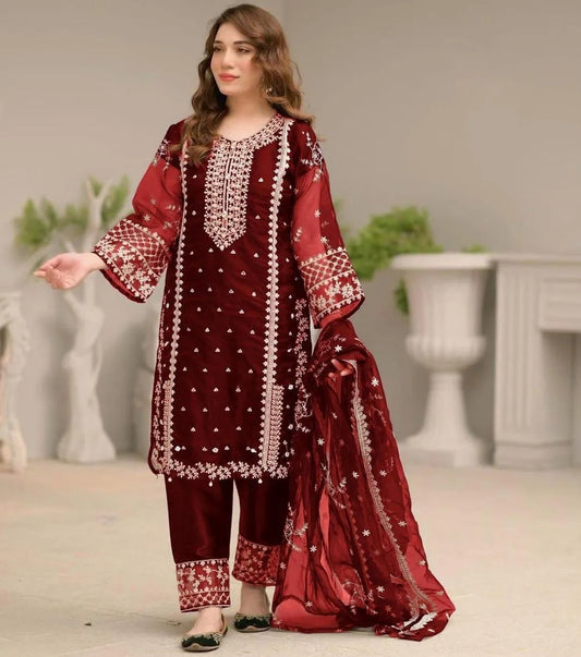 Maroon Embroidered 3-Piece Suit for Women
