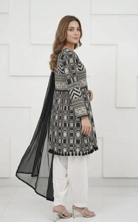 3Pcs Women's Stitched Lawn Digital Print Suit with Lace work short Frock and Shalwar