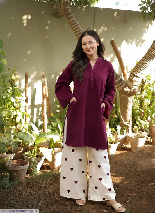 2 Pcs Women's Stitched Cotton Lawn Plain Shirt And Trouser Purple