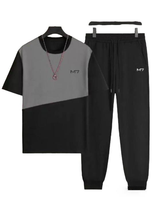 Men Black Printed Track Suit Set M7 Polyester