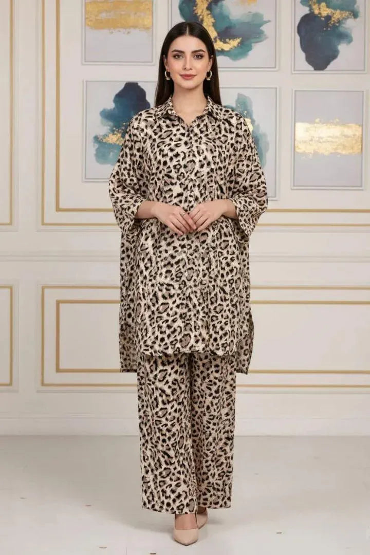 Printed 2-Piece Suit Brown Polo Cotton