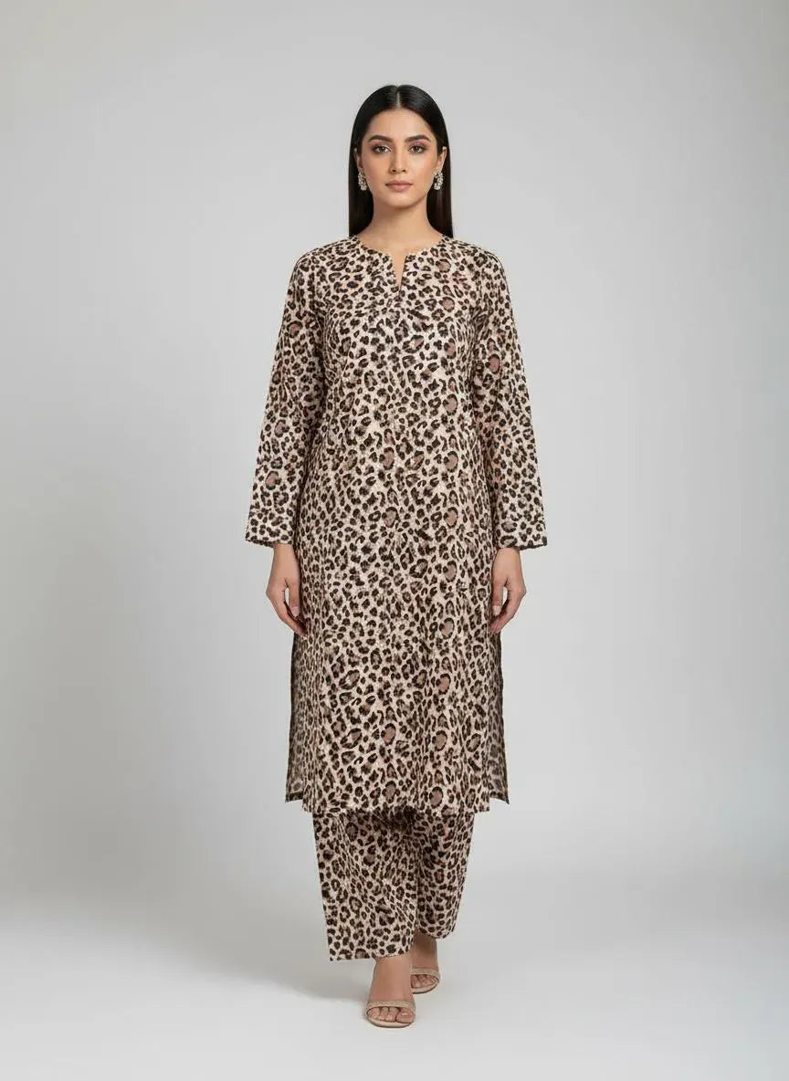 Printed 2-Piece Suit Brown Polo Cotton