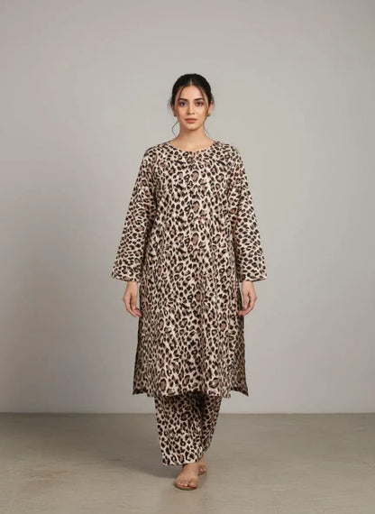 Printed 2-Piece Suit Brown Polo Cotton