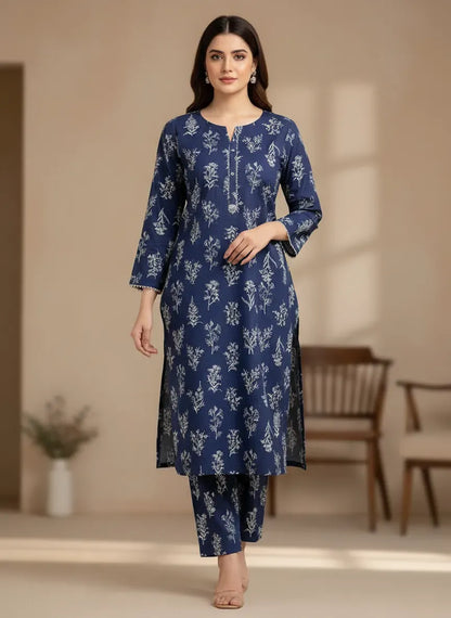 Blue Printed 2 Pcs Unstitched Suit Micro Polo Cotton