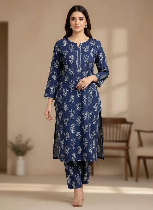 Blue Printed 2 Pcs Unstitched Suit Micro Polo Cotton