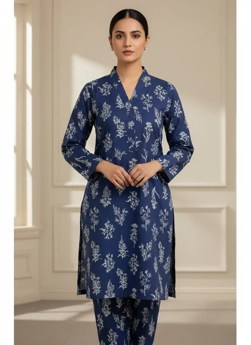 Blue Printed 2 Pcs Unstitched Suit Micro Polo Cotton
