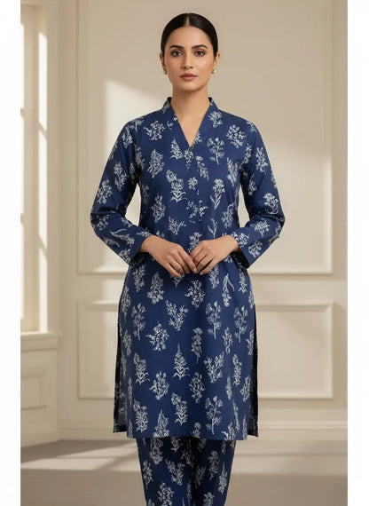 Blue Printed 2 Pcs Unstitched Suit Micro Polo Cotton