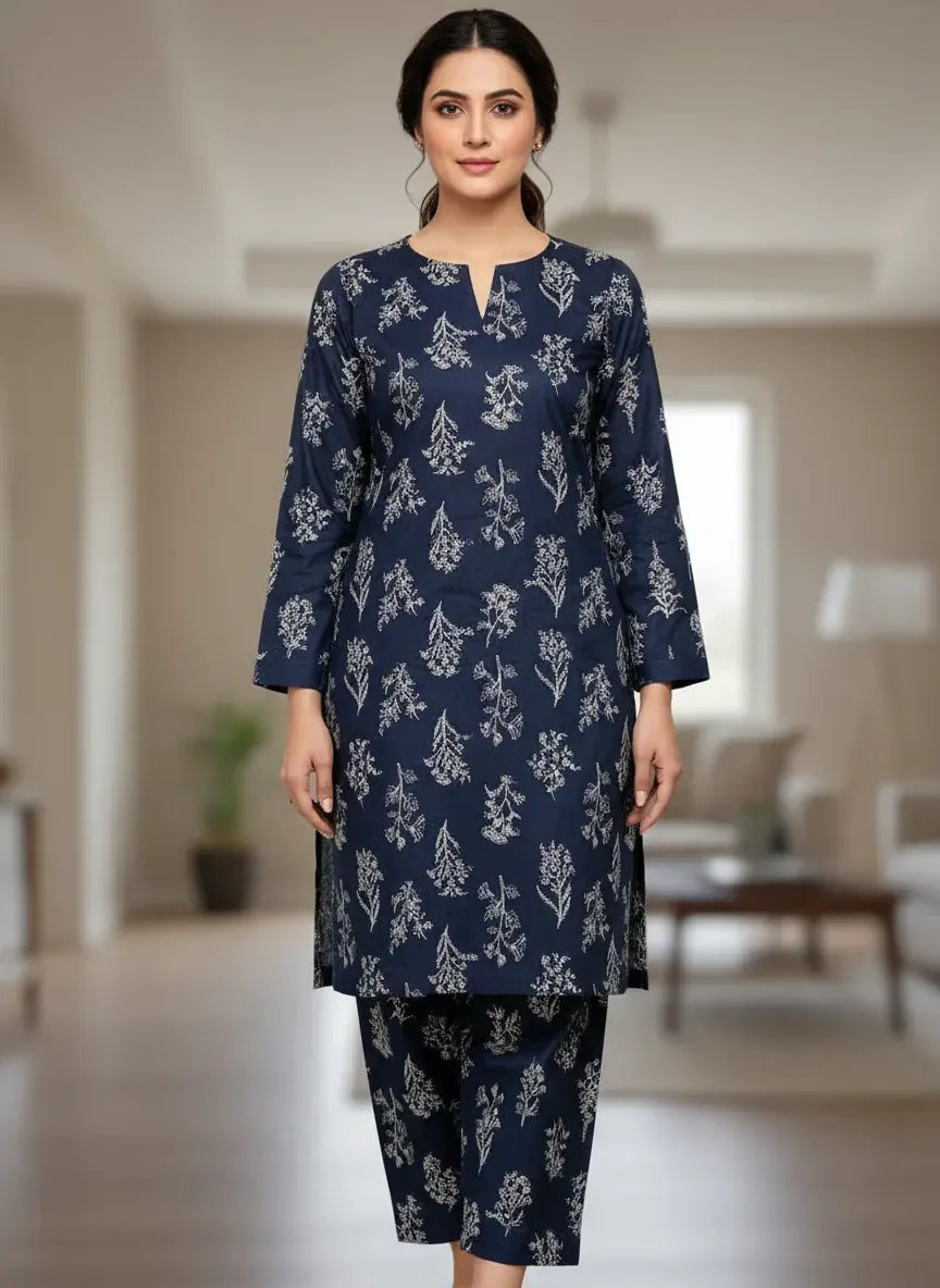 Blue Printed 2 Pcs Unstitched Suit Micro Polo Cotton