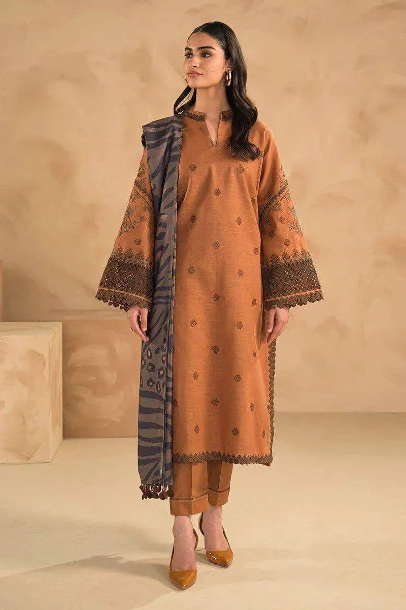 3 Pcs Unstitched Embroidered Suit – Rust Orange