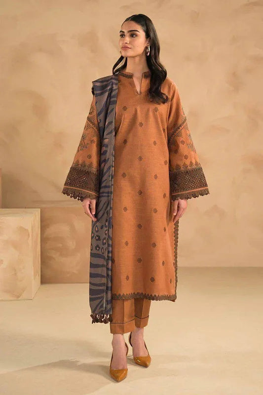 3 Pcs Unstitched Embroidered Suit – Rust Orange