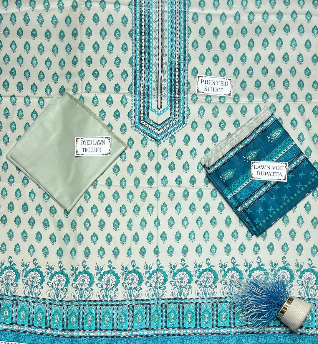 3 Pcs Women's Unstitched Printed Suit – Mint Green