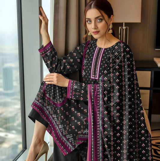 Black Printed 3-Piece Lawn Suit