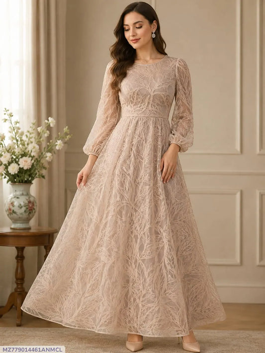 Embroidered Gown Dress Beige Net Long Sleeve