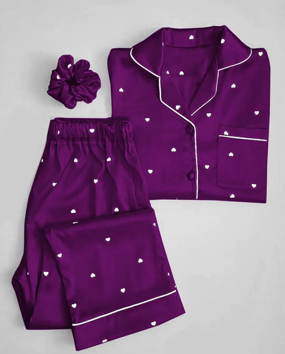 Purple Heart Print Silk Night Suit Set