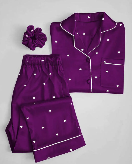 Purple Heart Print Silk Night Suit Set
