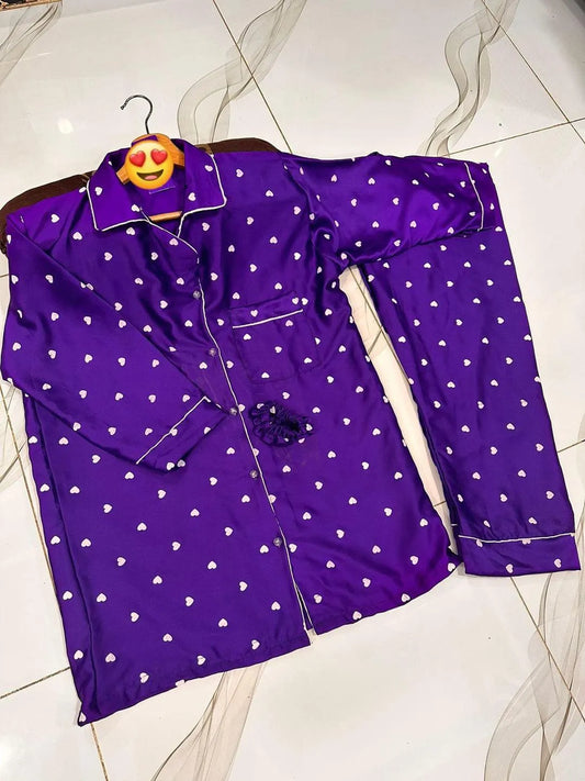 Purple Heart Print Silk Night Suit Set