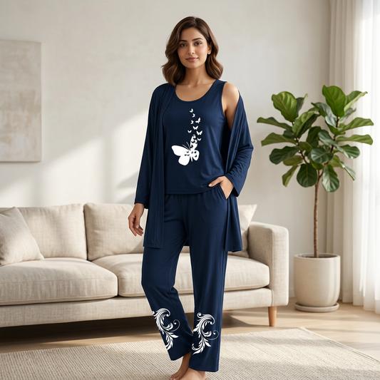 3-Piece Night Suit Blue Butterfly Floral Jersey