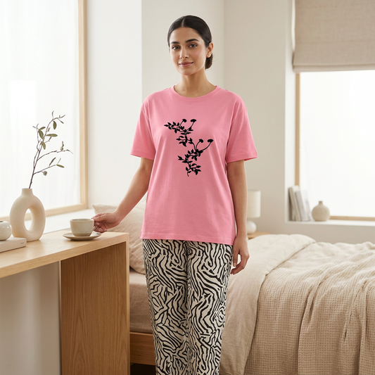 Pink Floral Night Suit with Zebra Print Trousers