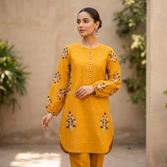 Yellow Embroidered 2-Piece Cotton Set for Women